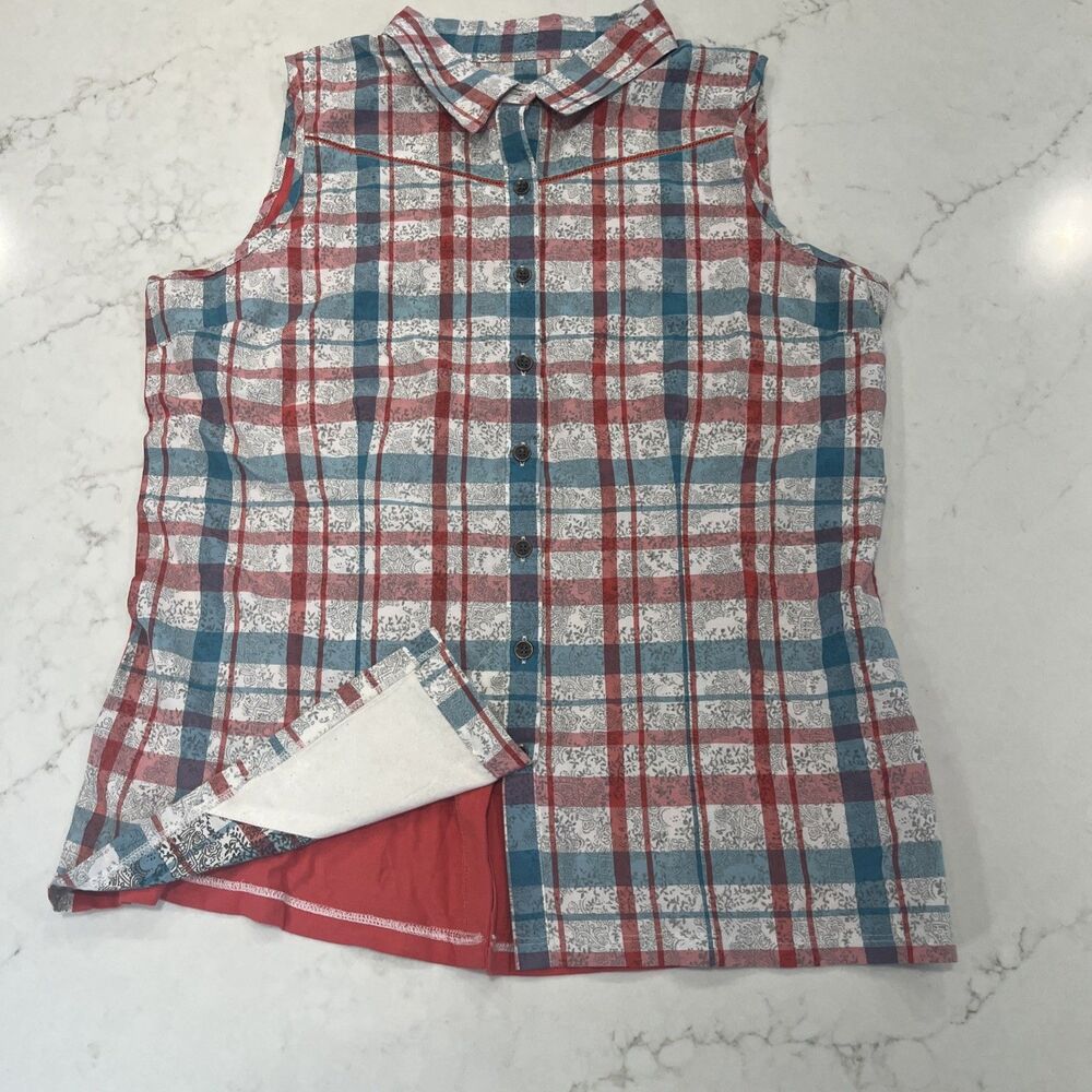 Aventura‎ Womens Medium Organic Blend Sleeveless Tank Button Up Plaid Shirt NWOT
